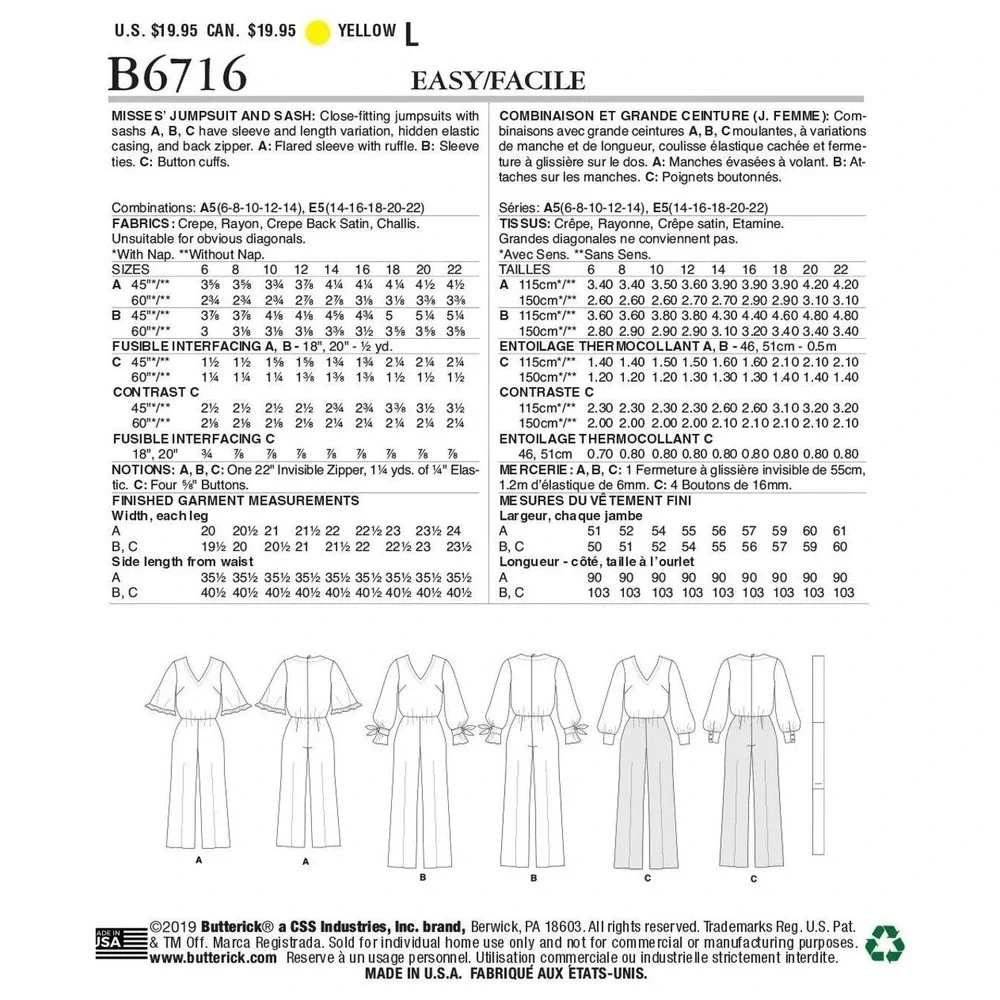 Butterick Sewing Pattern 6716 Jumpsuit Sash Misses Size 14-22